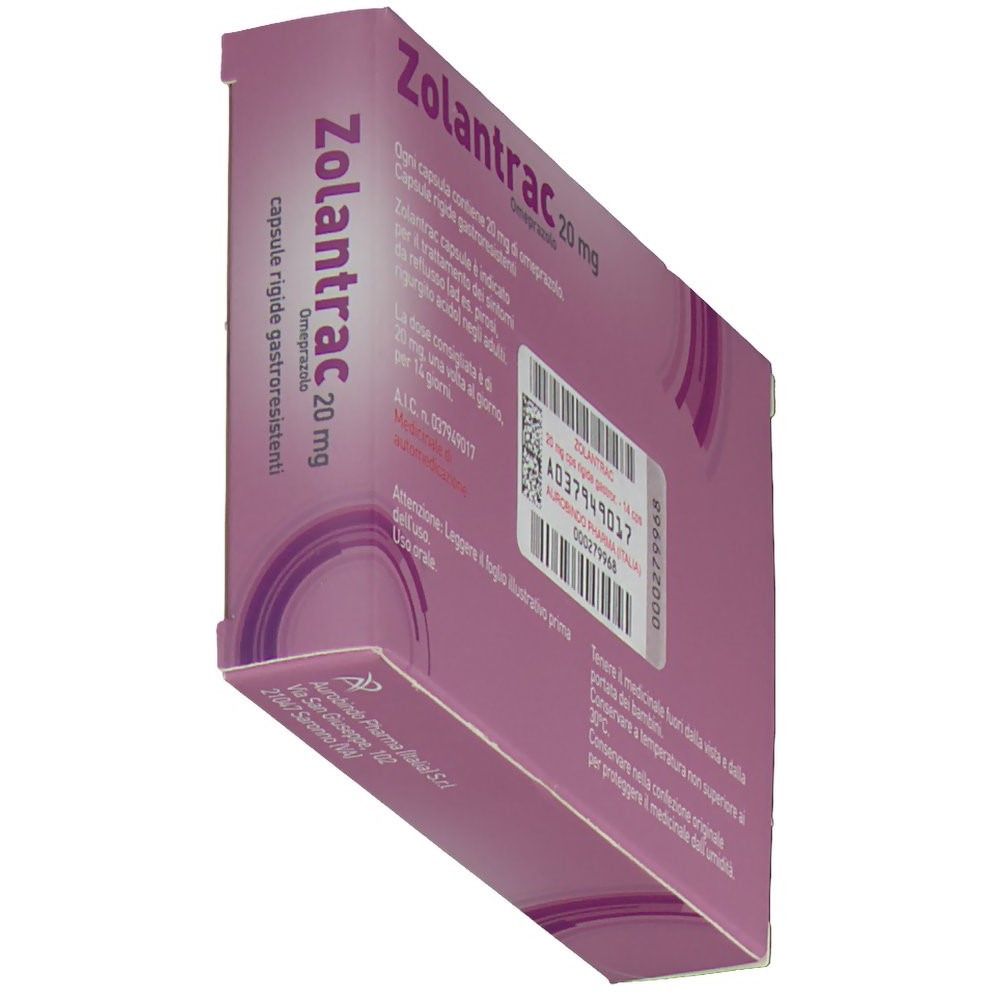 Vista obliqua della confezione Zolantrac. Scatola rosa con nome e testo. Codice a barre visibile.
