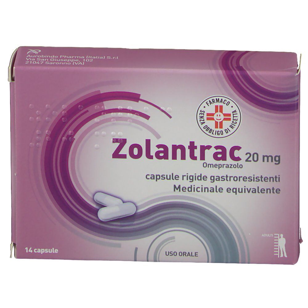 Confezione di Zolantrac. Scatola rosa con nome, dosaggio e immagine capsule. 14 capsule. Logo farmacia.