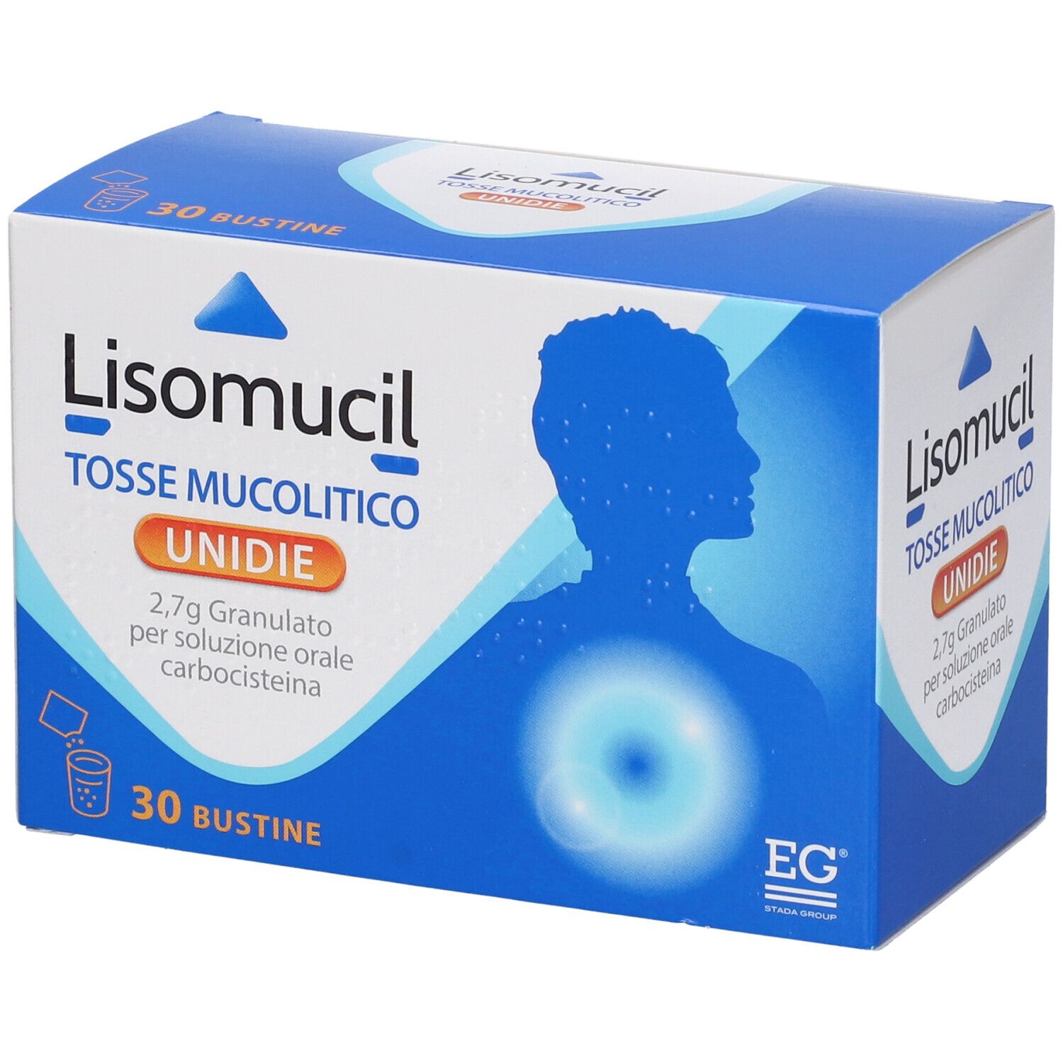 Scatola di Lisomucil Tosse Mucolitico Unidie. Confezione blu e bianca. Contiene 30 bustine. Testo in italiano.