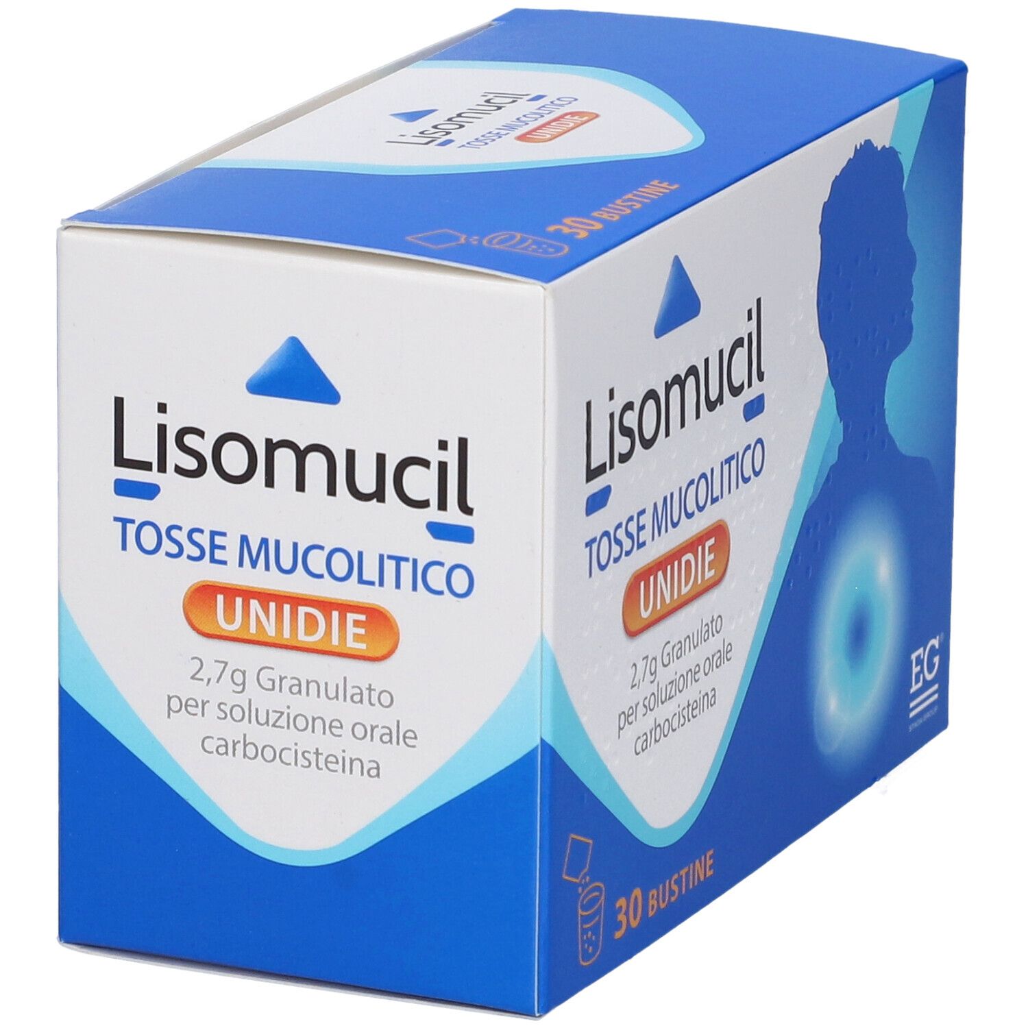Scatola di Lisomucil Tosse Mucolitico Unidie. Confezione blu e bianca. Contiene 30 bustine. Testo in italiano.