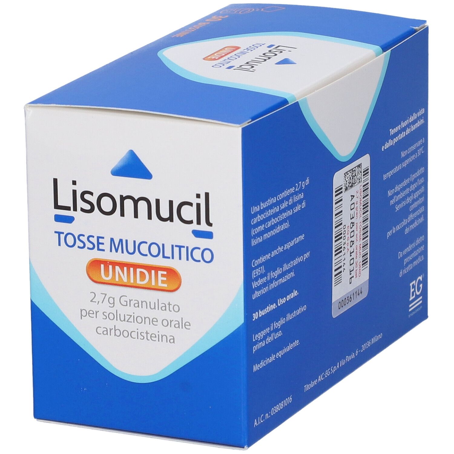 Scatola di Lisomucil Tosse Mucolitico Unidie. Confezione blu e bianca. Contiene 30 bustine. Testo in italiano.