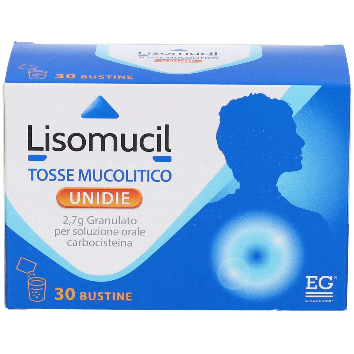 Scatola di Lisomucil Tosse Mucolitico Unidie. Confezione blu e bianca. Contiene 30 bustine. Testo in italiano.