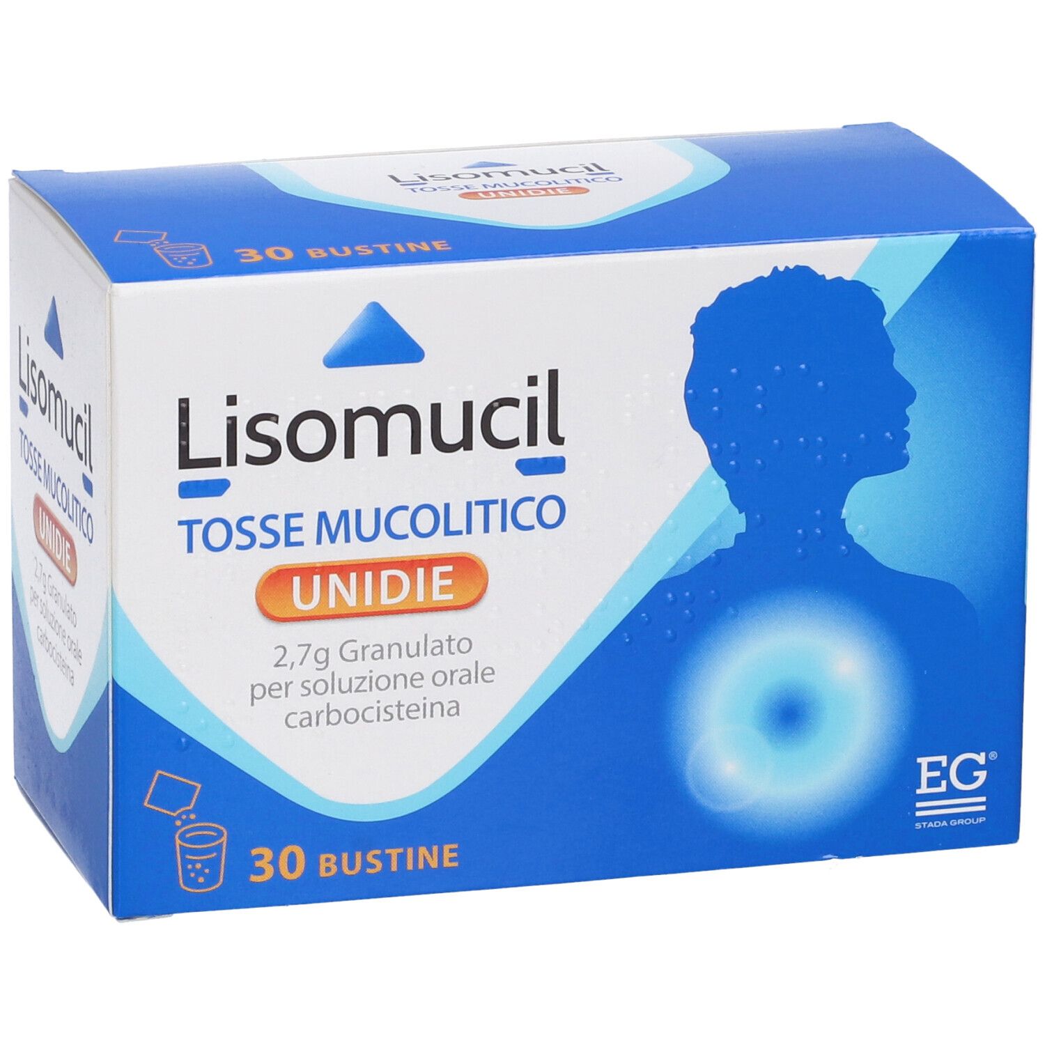 Scatola di Lisomucil Tosse Mucolitico Unidie. Confezione blu e bianca. Contiene 30 bustine. Testo in italiano.