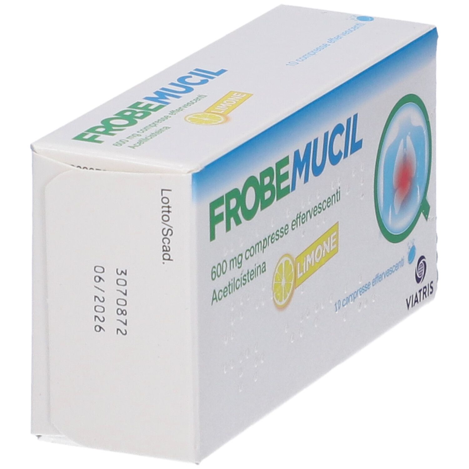 Scatola Frobemucil 600 mg, vista laterale. Scritto: 600 mg compresse effervescenti, Limone. Logo Viatris. Data di scadenza.