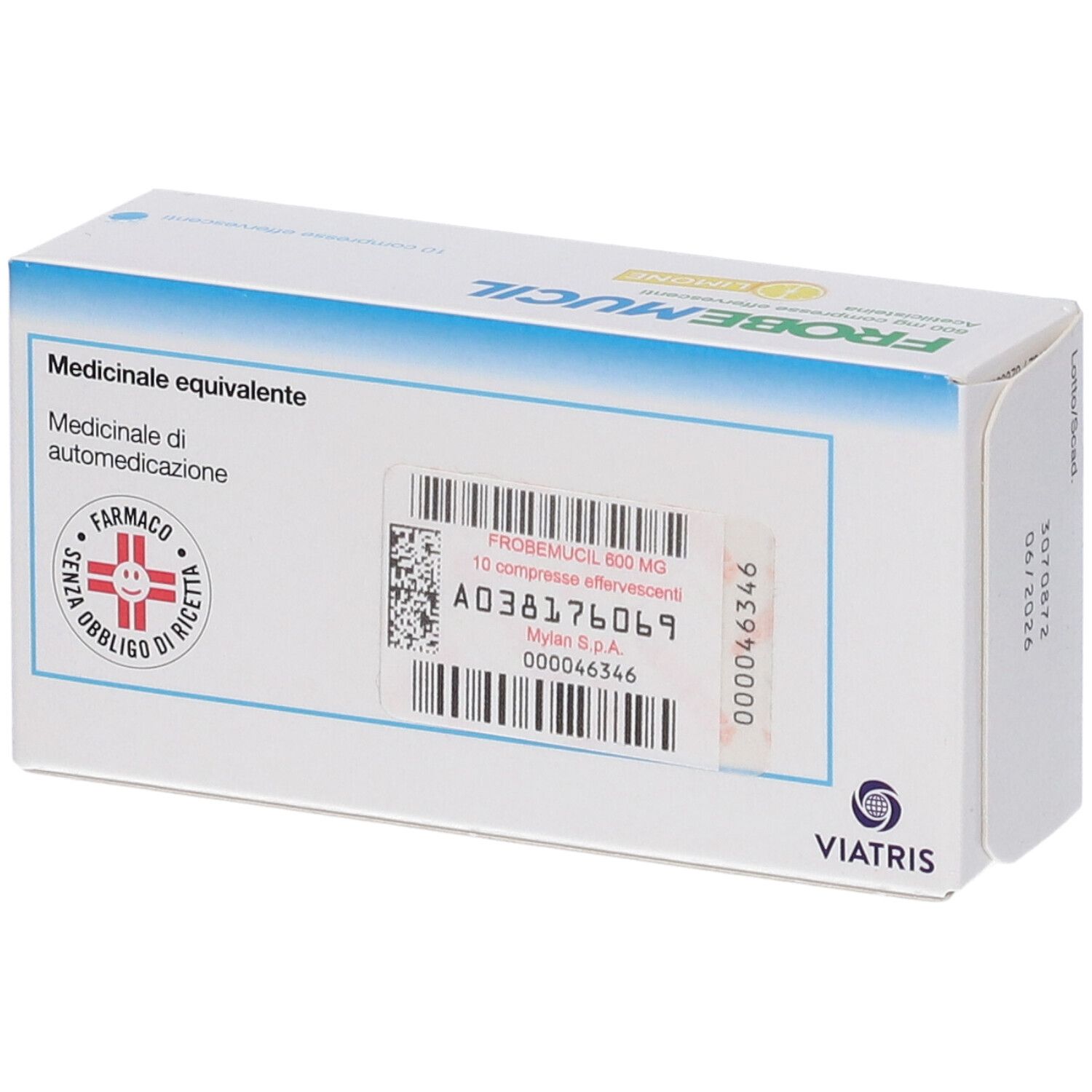 Retro della scatola Frobemucil 600 mg. Scritto: Medicinale equivalente. Codice a barre e logo Viatris.