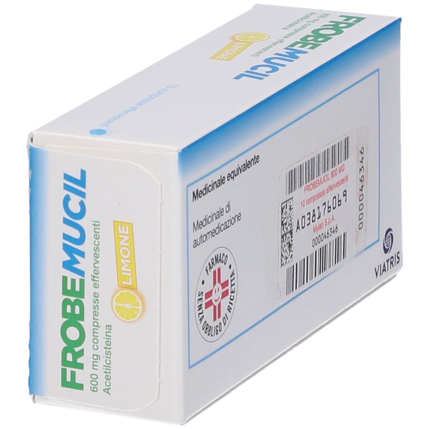 Scatola Frobemucil 600 mg, vista obliqua. Scritto: Medicinale equivalente. Codice a barre e logo Viatris.