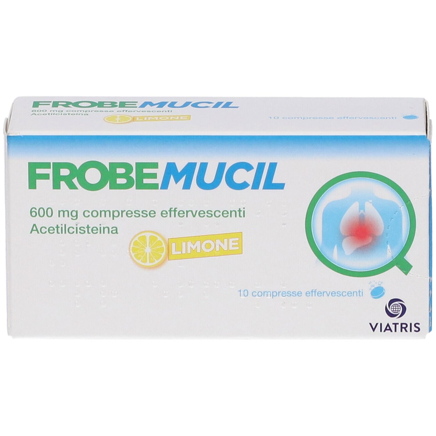 Scatola Frobemucil 600 mg. Scritto: 600 mg compresse effervescenti, Limone. Logo Viatris. Illustrazione polmoni.