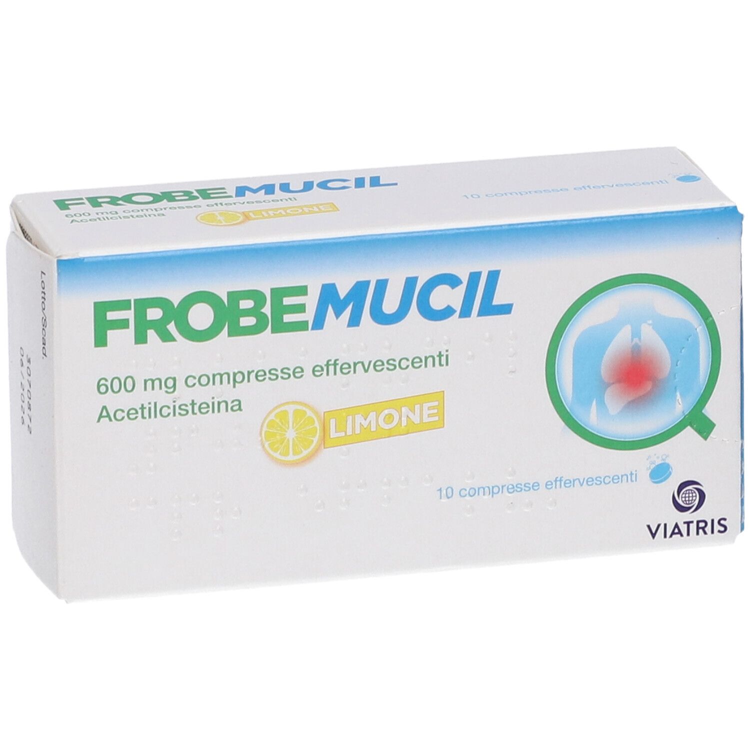 Scatola Frobemucil 600 mg. Scritto: 600 mg compresse effervescenti, Limone. Logo Viatris. Illustrazione polmoni.