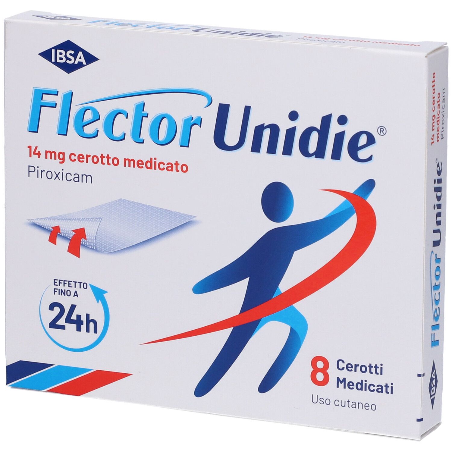 Scatola di Flector Unidie 14 mg, 8 cerotti medicati. Nome del prodotto, principio attivo e istruzioni per l'uso stampati.