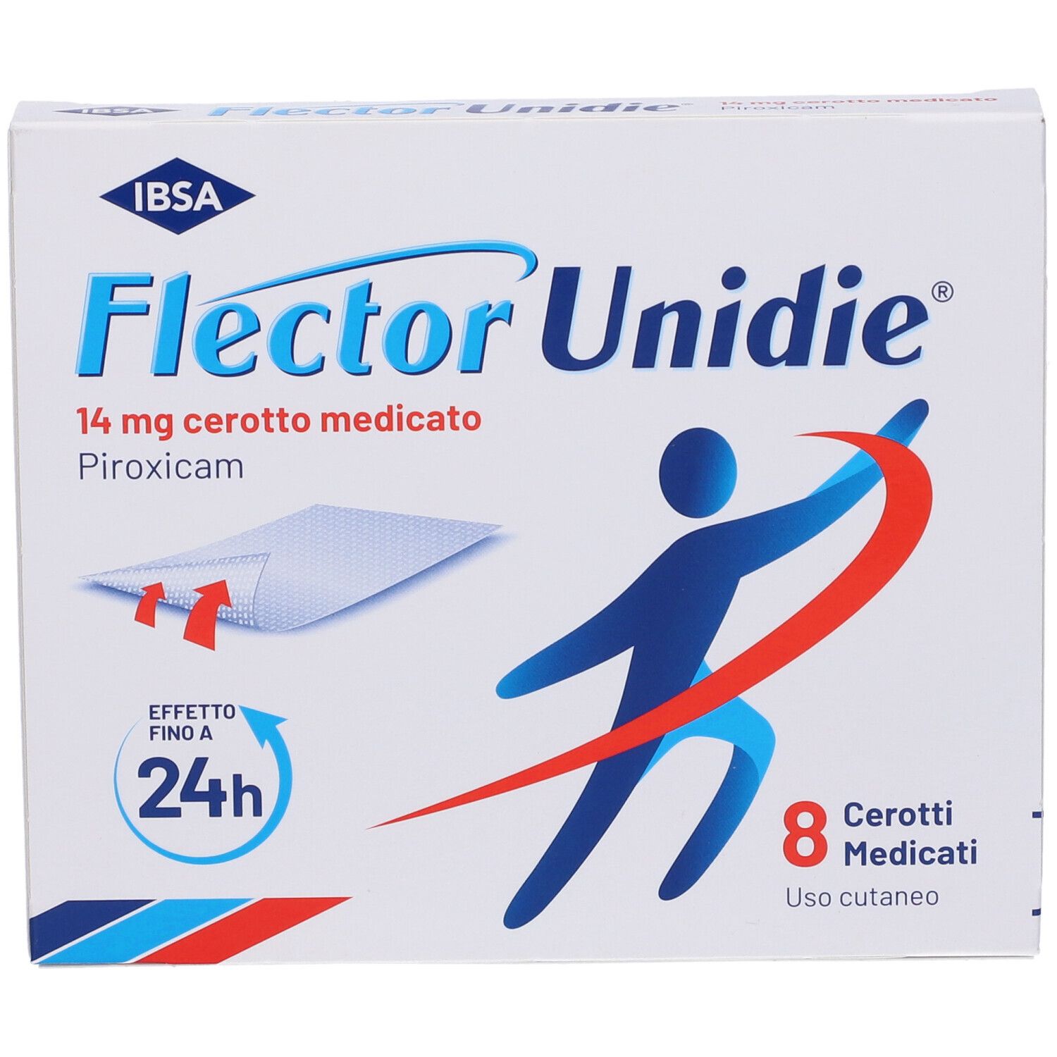 Retro della scatola Flector Unidie. Testo con ingredienti, uso, avvertenze e informazioni del produttore.