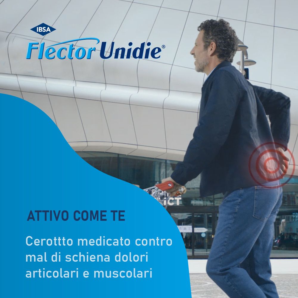 Uomo con mal di schiena. Testo: Cerotto medicato contro mal di schiena dolori articolari e muscolari. Logo Flector Unidie.