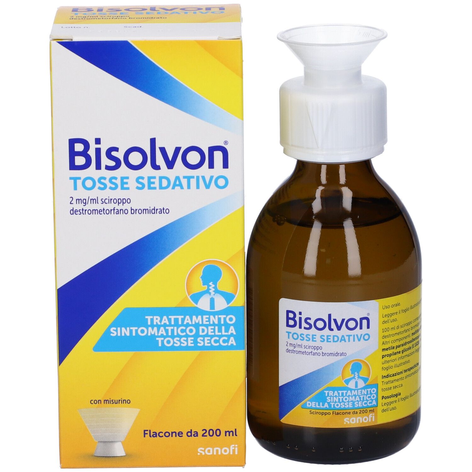 Flacone e confezione di Bisolvon Tosse Sedativo. Con misurino.