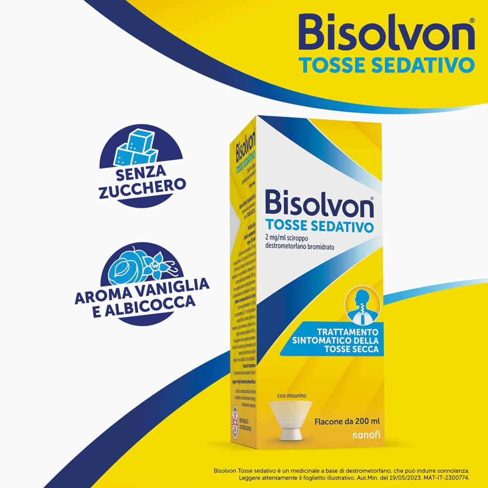 Confezione di Bisolvon Tosse Sedativo. Senza zucchero, aroma vaniglia-albicocca.