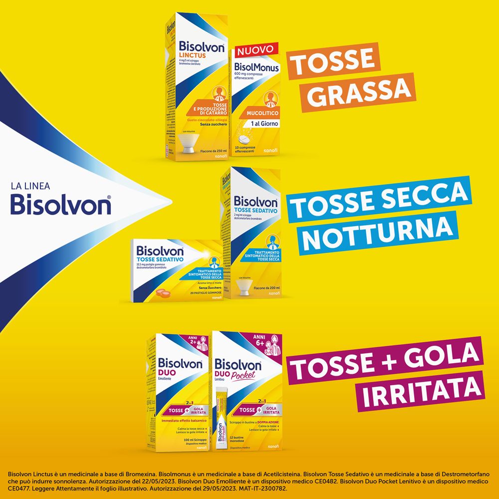 Vari prodotti Bisolvon: sedativo della tosse, tosse + gola, tosse + raffreddore.