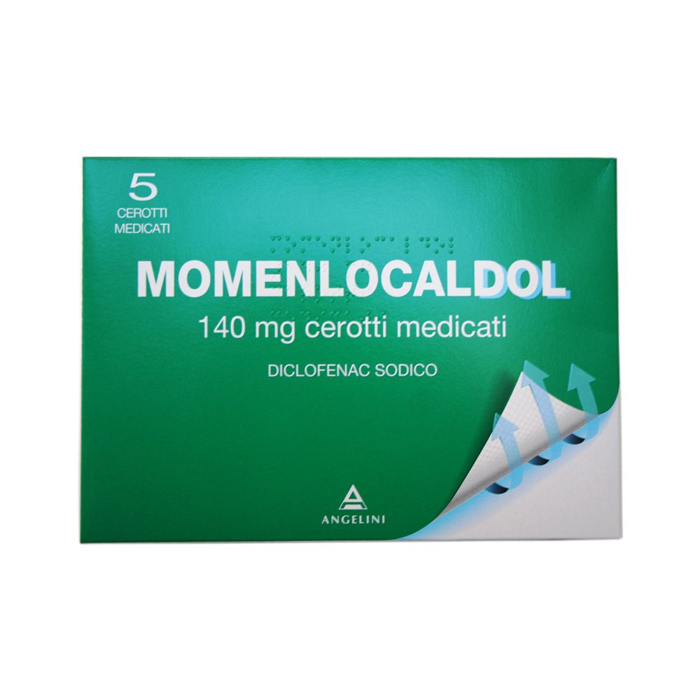 Scatola verde con scritta "MOMENLOCALDOL" e "140 mg cerotti medicati". Contiene 5 cerotti medicati. Logo Angelini.
