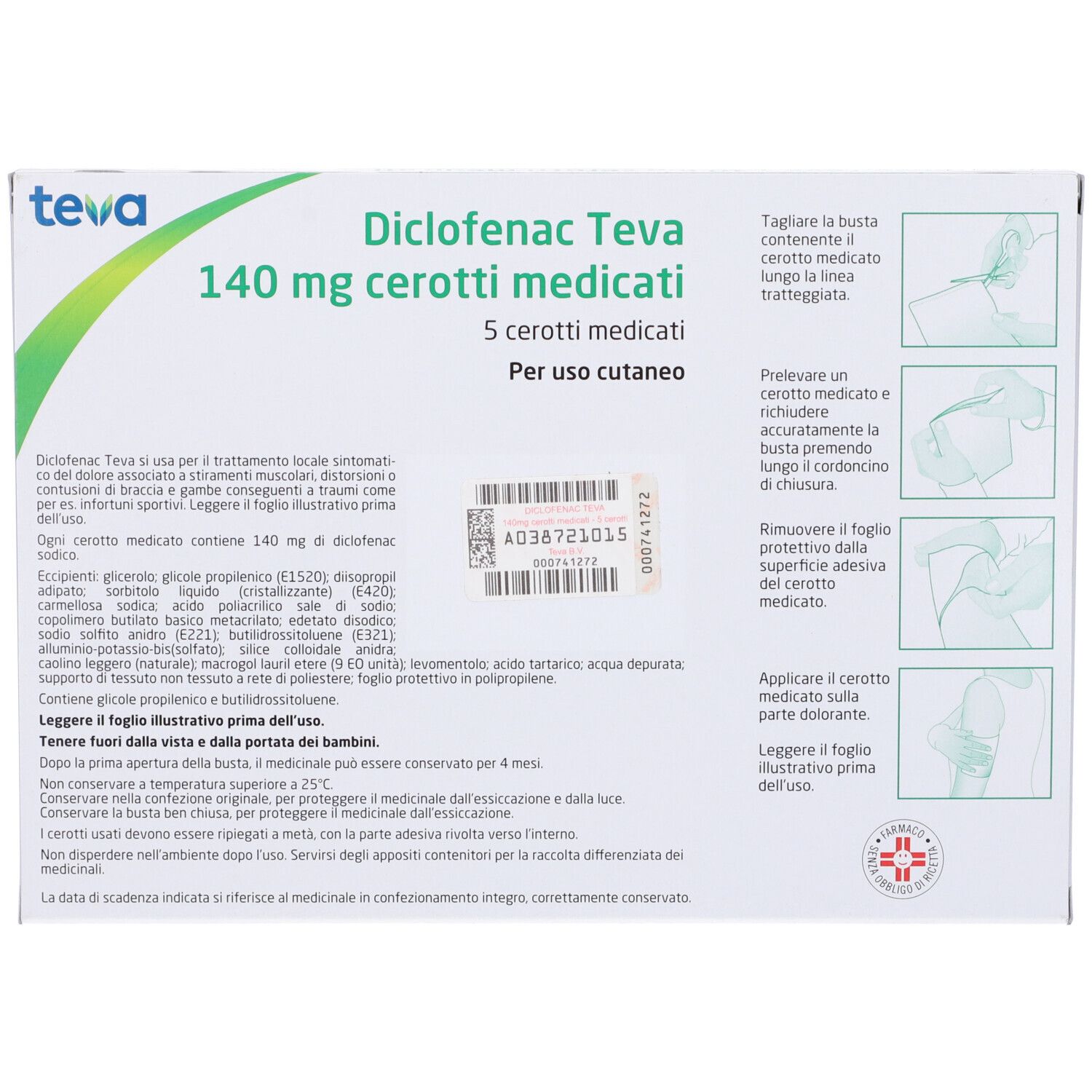 Retro scatola con "Diclofenac Teva 140 mg cerotti medicati". Contiene 5 cerotti medicati. Logo Teva. Istruzioni per l'uso.