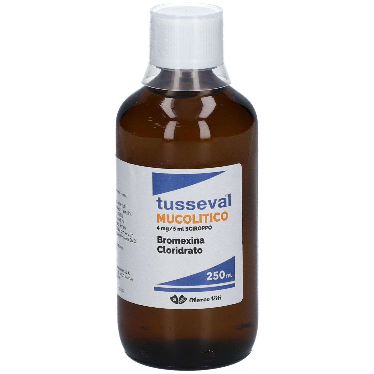 Flacone marrone con tappo bianco ed etichetta. L'etichetta riporta "tusseval mucolitico".