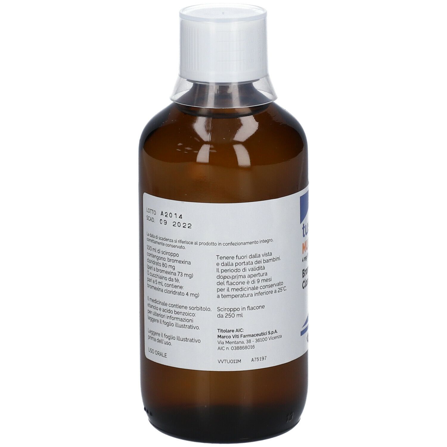 Flacone marrone con tappo bianco ed etichetta. L'etichetta riporta "tusseval mucolitico".