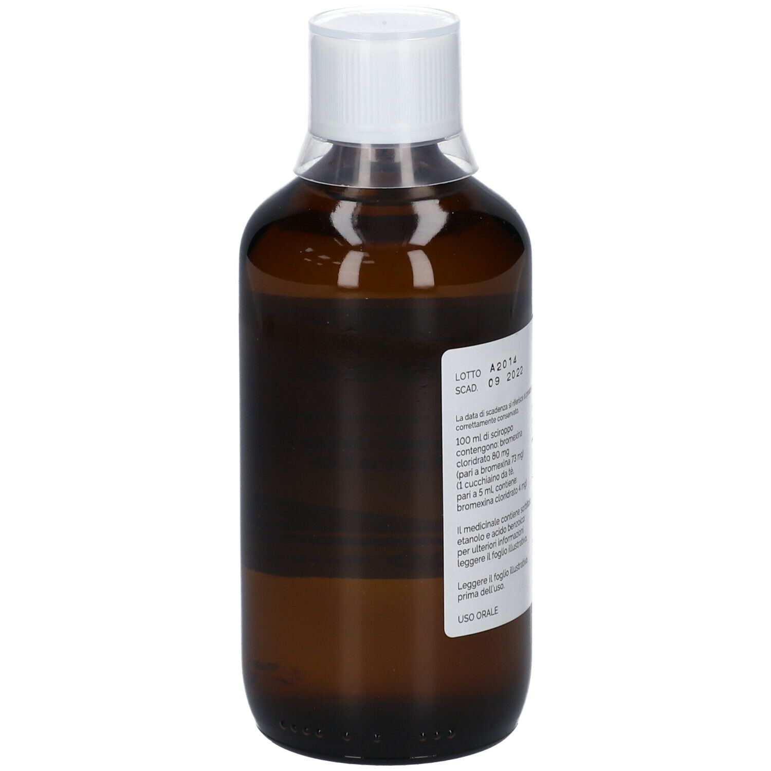 Flacone marrone con tappo bianco ed etichetta. L'etichetta riporta "tusseval mucolitico".