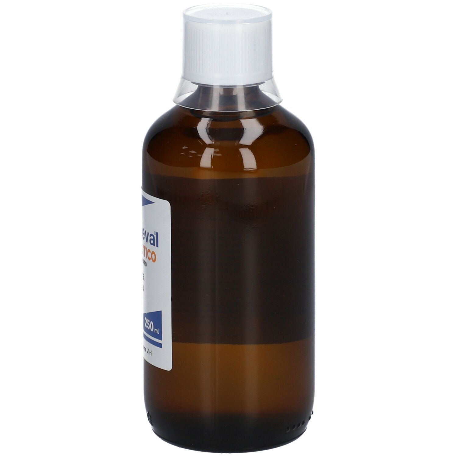 Flacone marrone con tappo bianco ed etichetta. L'etichetta riporta "tusseval mucolitico".