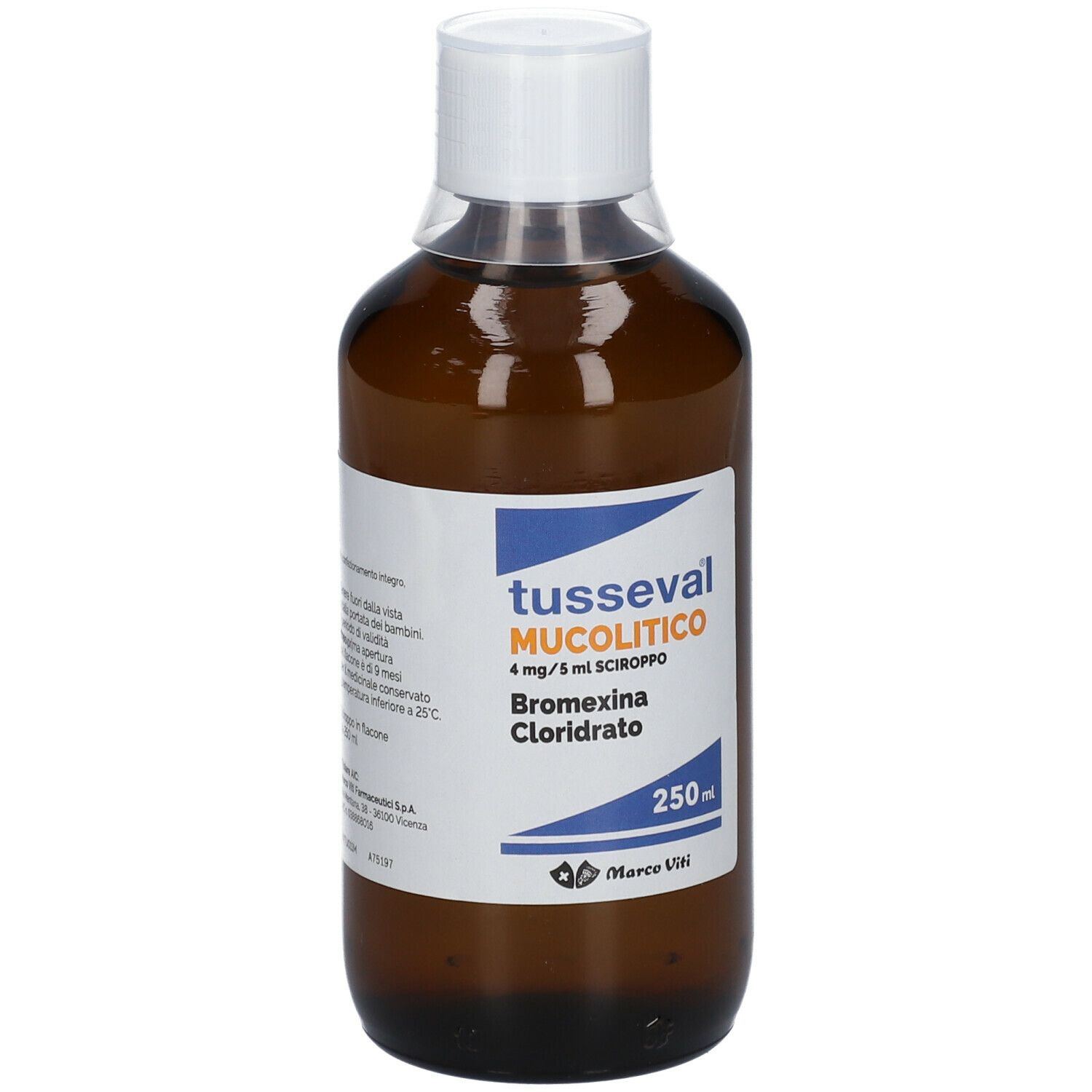 Flacone marrone con tappo bianco ed etichetta. L'etichetta riporta "tusseval mucolitico".