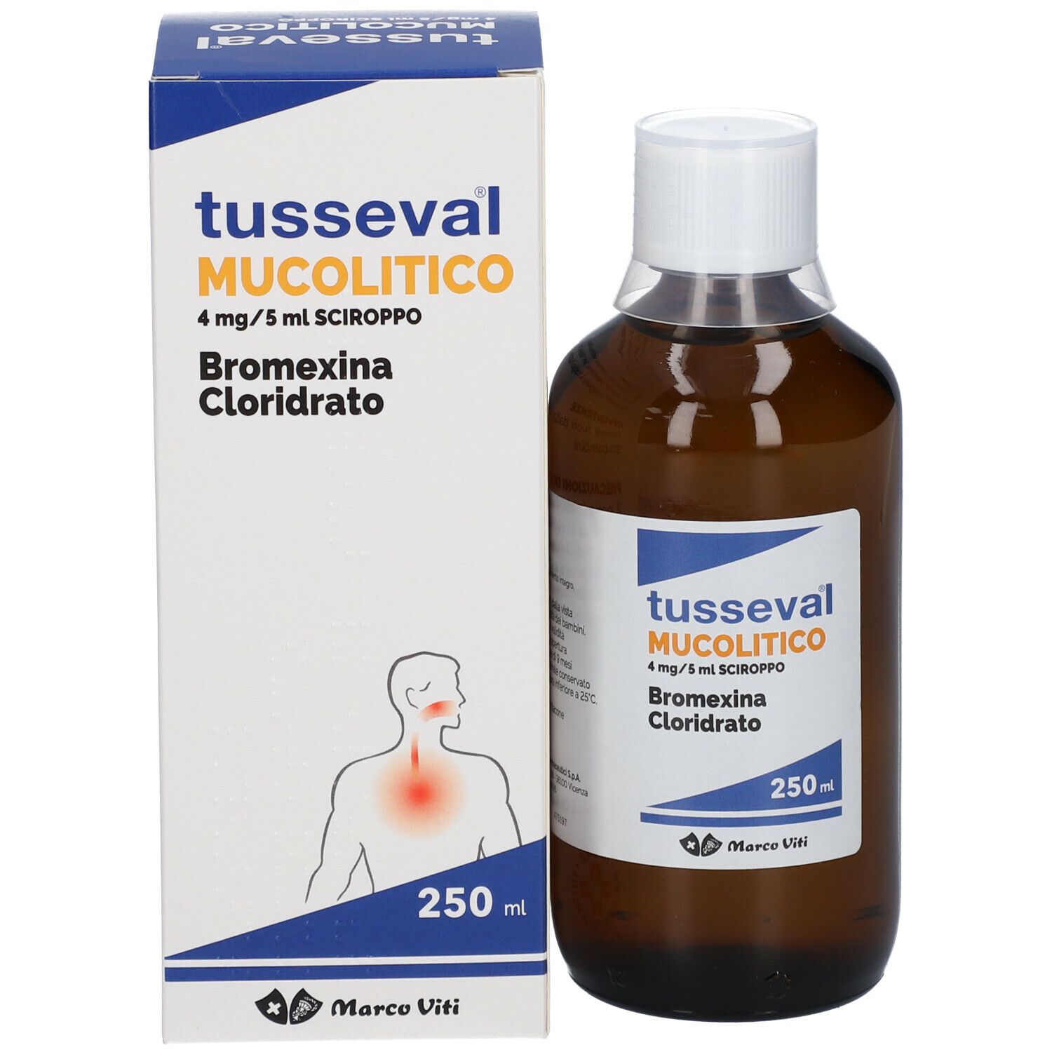 Flacone marrone con tappo bianco ed etichetta. L'etichetta riporta "tusseval mucolitico".