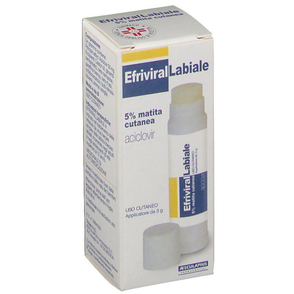 Confezione con prodotto. Scritta: Efriviral Labiale, 5% matita cutanea, aciclovir. Stick e cappuccio visibili.