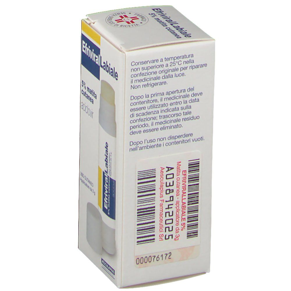 Confezione con prodotto. Scritta: Efriviral Labiale, 5% matita cutanea, aciclovir. Codice a barre e testo sul retro.