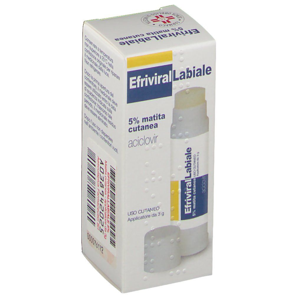 Confezione con prodotto. Scritta: Efriviral Labiale, 5% matita cutanea, aciclovir. Prodotto all'interno visibile.