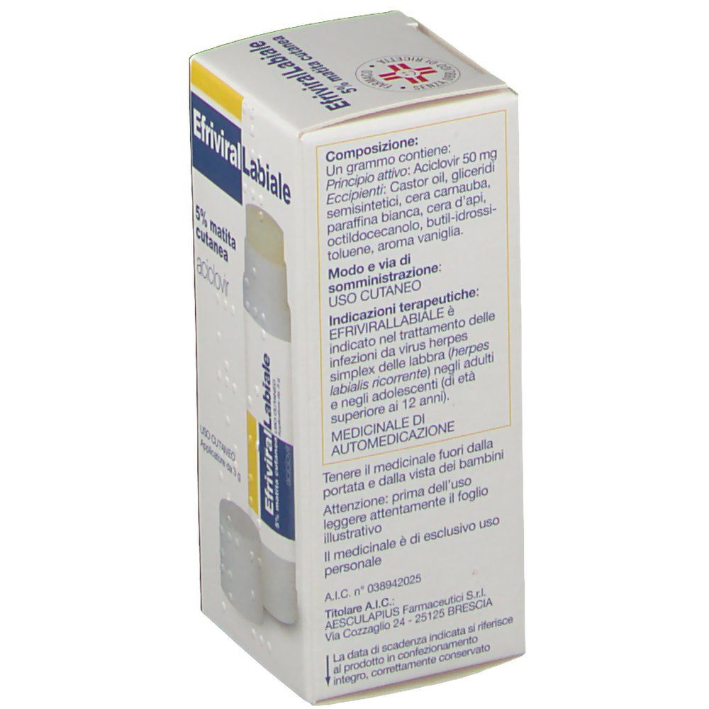Confezione con prodotto. Scritta: Efriviral Labiale, 5% matita cutanea, aciclovir. Testo sulla confezione.