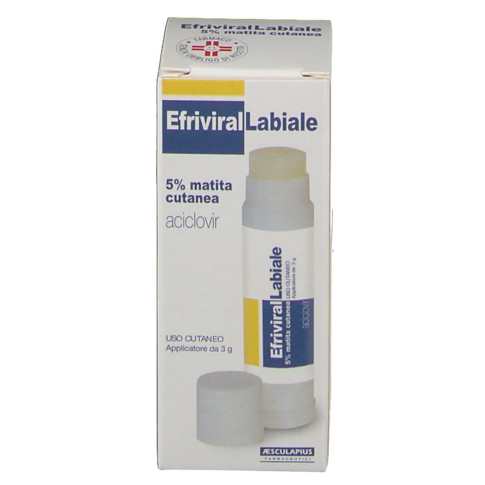 Confezione con prodotto. Scritta: Efriviral Labiale, 5% matita cutanea, aciclovir. Prodotto e cappuccio visibili.