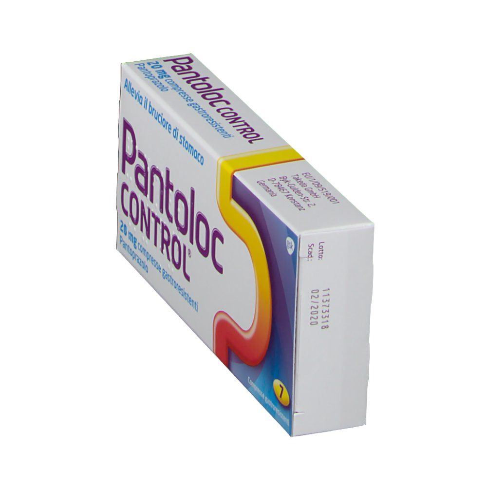 Confezione di Pantoloc CONTROL. Scritta: Pantoloc CONTROL, 20 mg compresse gastroresistenti, 7 compresse. Data di scadenza visibile.