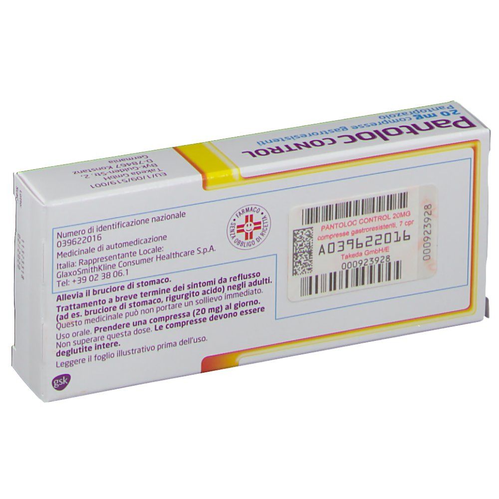 Retro della confezione di Pantoloc CONTROL. Testo: Pantoloc CONTROL 20mg compresse gastroresistenti. Informazioni e codice a barre.