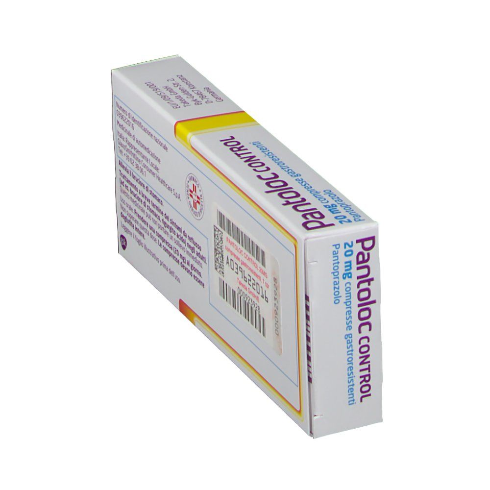 Vista obliqua della confezione di Pantoloc CONTROL. Scritta: Pantoloc CONTROL, 20 mg compresse gastroresistenti. Codice a barre e informazioni.