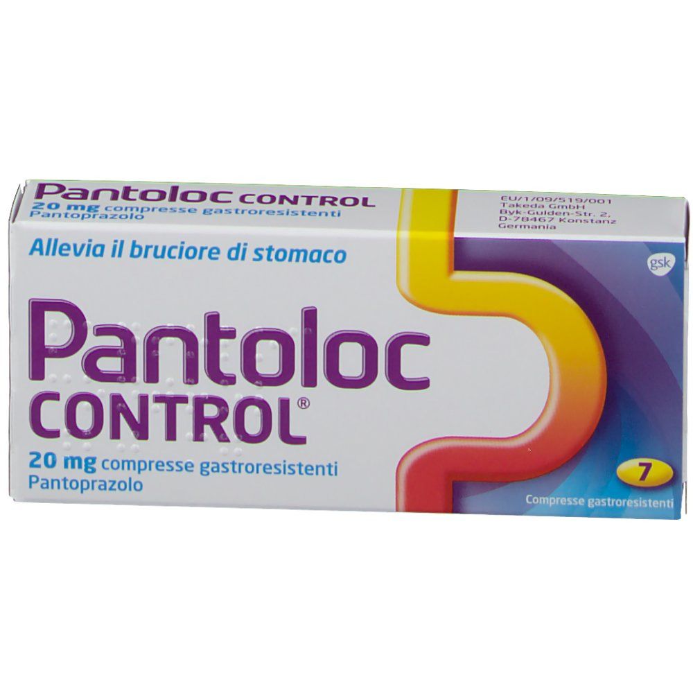 Fronte della confezione di Pantoloc CONTROL. Scritta: Pantoloc CONTROL, 20 mg compresse gastroresistenti, 7 compresse. Logo.