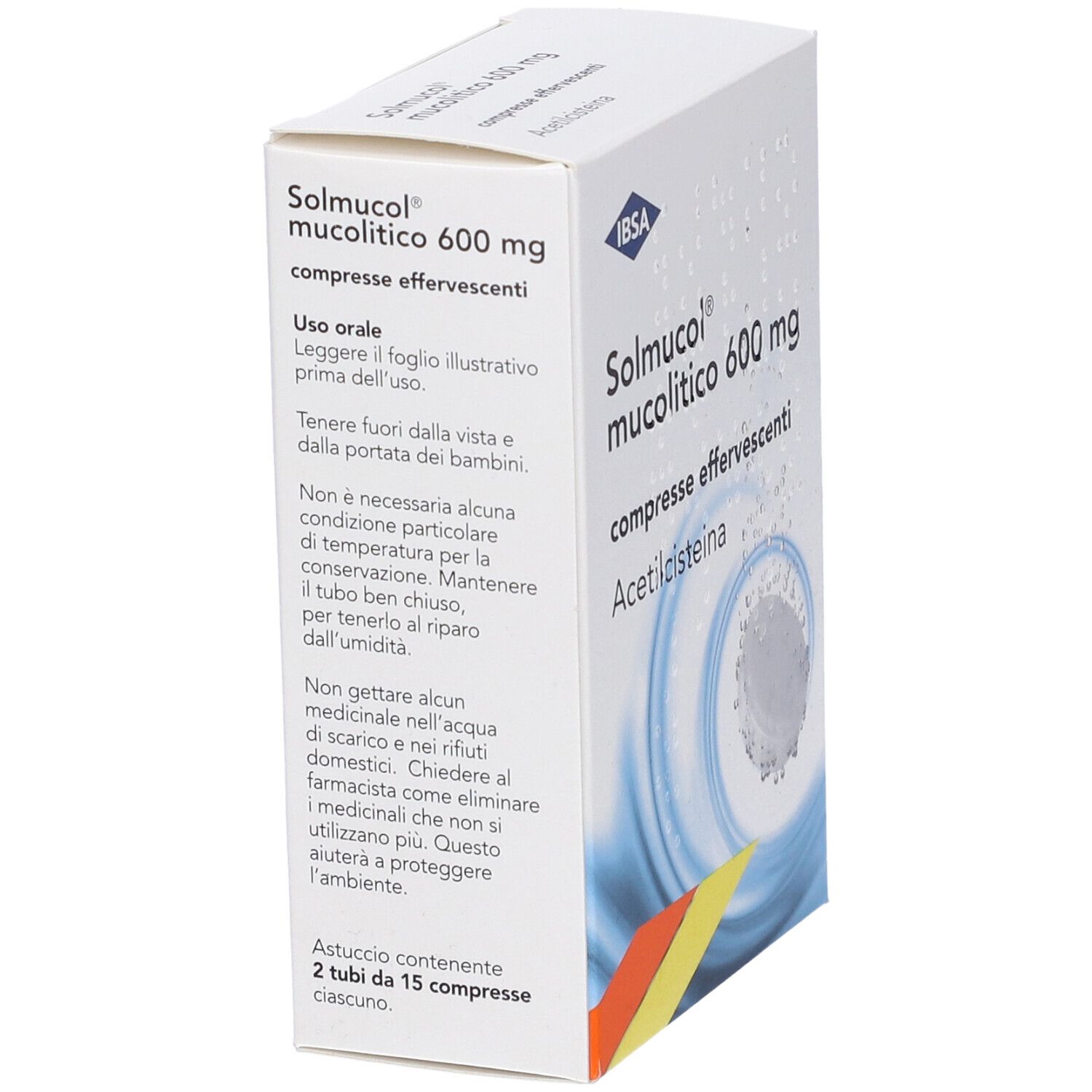 Scatola bianca, nome prodotto Solmucol mucolitico 600 mg, compresse effervescenti. Testo e logo IBSA visibili. Vista obliqua.