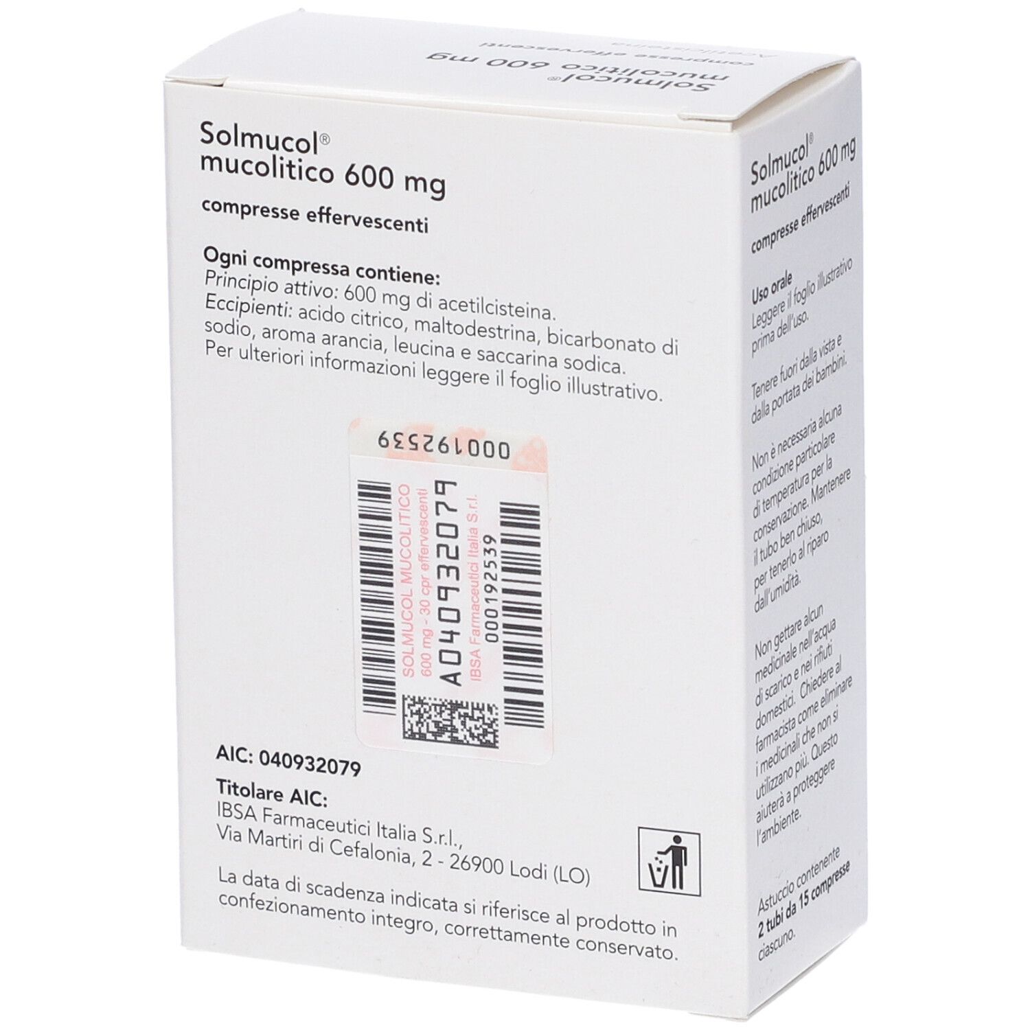 Retro della scatola bianca. Nome prodotto Solmucol mucolitico 600 mg. Testo con ingredienti e informazioni produttore.