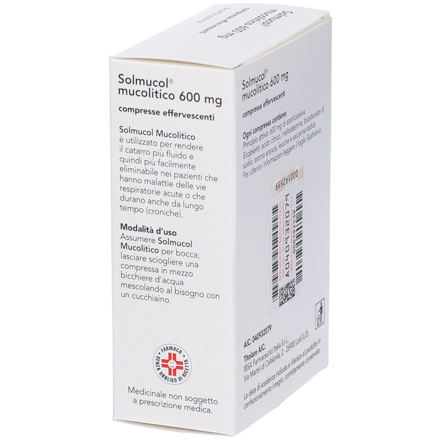Scatola bianca, nome prodotto Solmucol mucolitico 600 mg, compresse effervescenti. Testo e logo IBSA visibili. Vista obliqua.