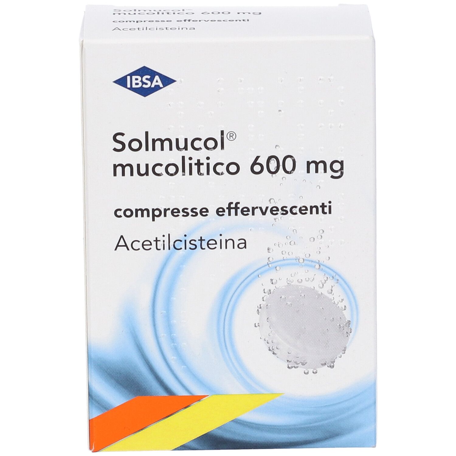 Scatola bianca con nome prodotto Solmucol mucolitico 600 mg, compresse effervescenti. Logo IBSA in alto a sinistra.