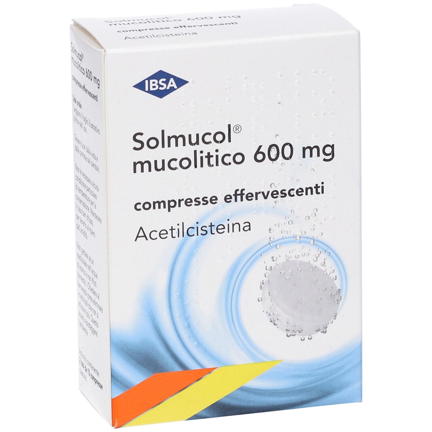 Scatola bianca con nome prodotto Solmucol mucolitico 600 mg, compresse effervescenti. Logo IBSA in alto a sinistra.