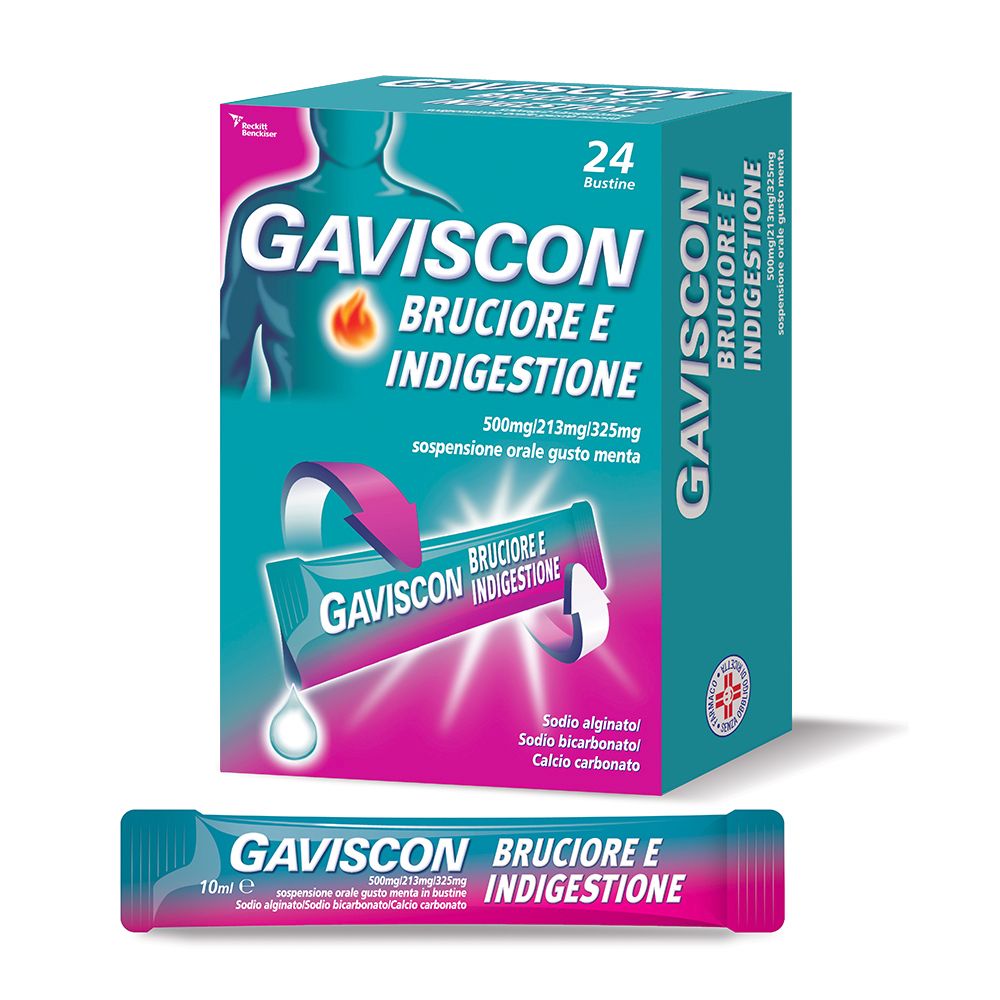 Gaviscon Bruciore e Indigestione Sospensione Orale Gusto Menta 24 Bustine