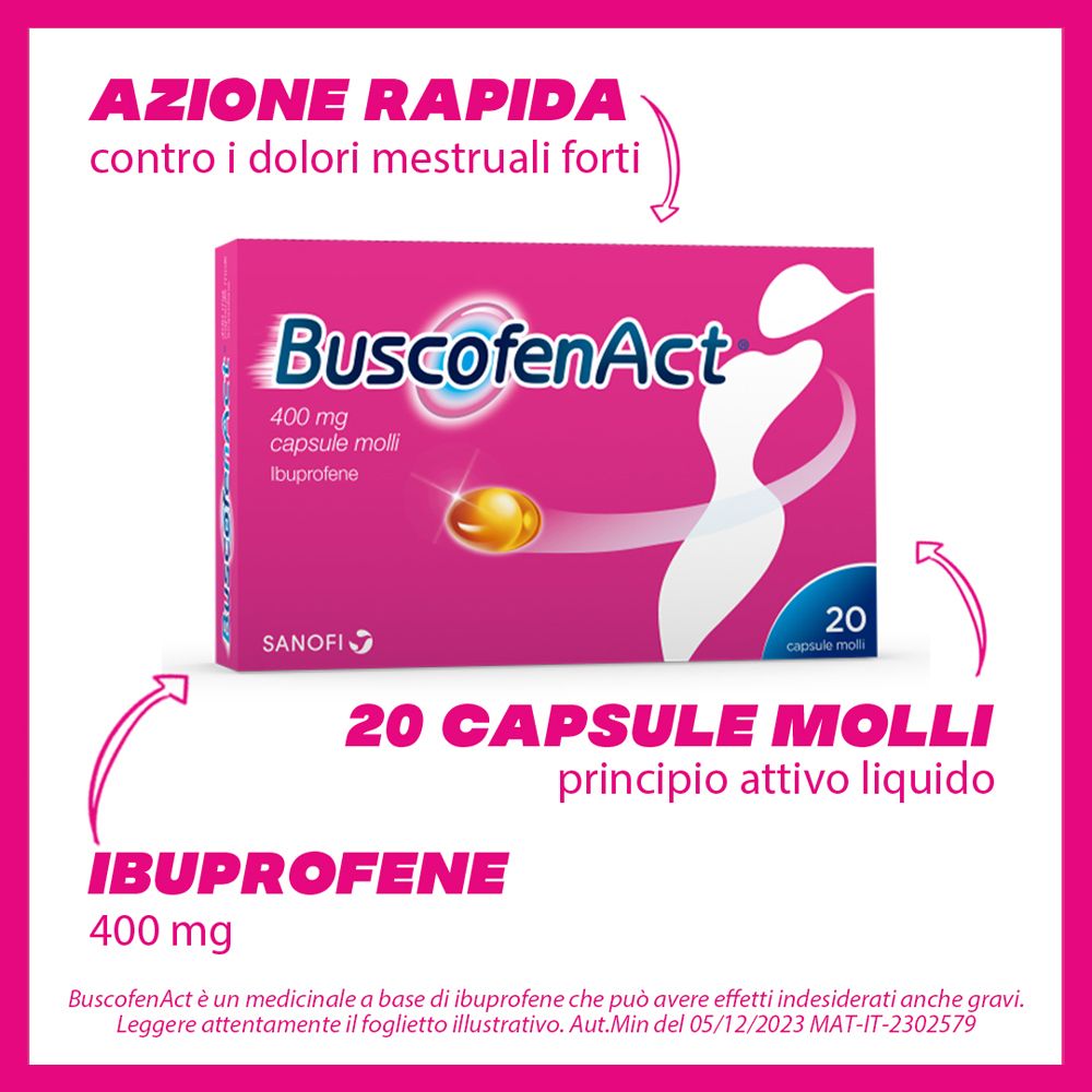 Grafica rosa con testo: 'AZIONE RAPIDA', '20 CAPSULE MOLLI', 'IBUPROFENE 400 mg'.