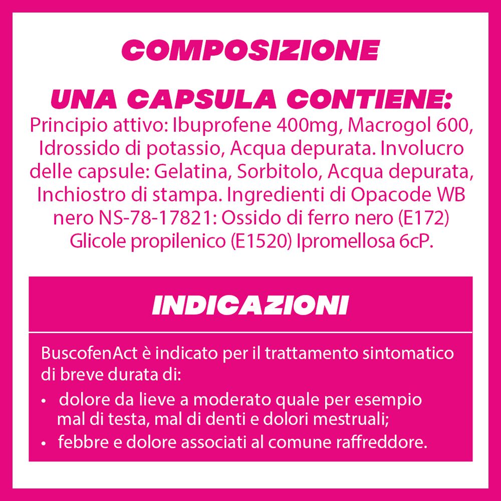 Grafica rosa con testo: 'COMPOSIZIONE', 'UNA CAPSULA CONTIENE', 'INDICATIONS'.