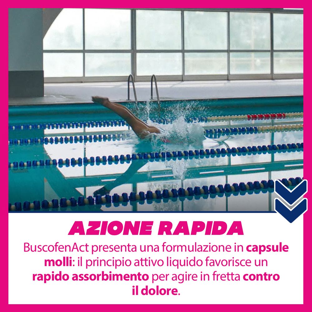 Grafica rosa con testo: 'AZIONE RAPIDA'. Nuotatrice in piscina. Logo BuscofenAct.