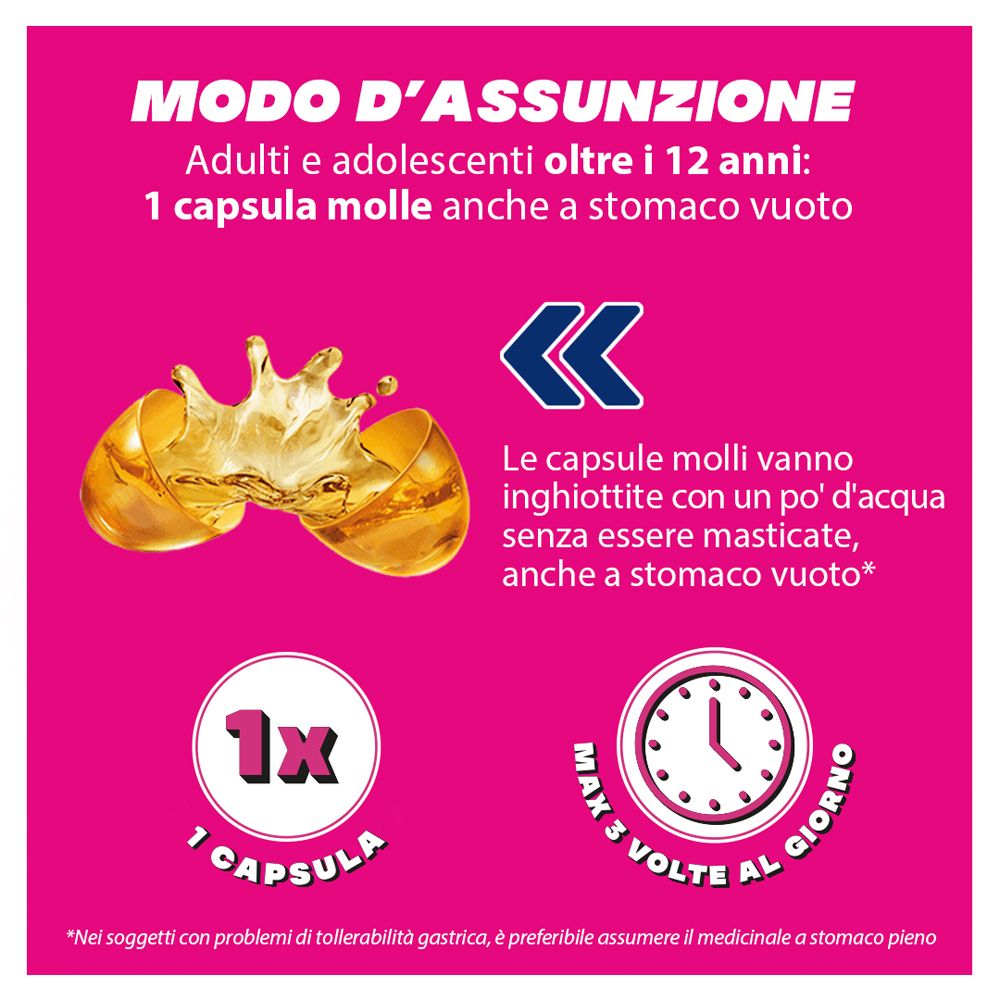 Grafica rosa con testo: 'MODO D'ASSUNZIONE'. Illustrazione capsula. 1 capsula, max. 3 volte al giorno.