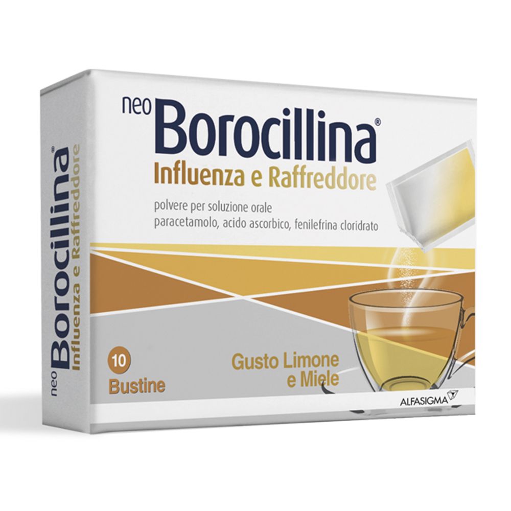 Confezione di NeoBorocillina Influenza e Raffreddore, 10 bustine. Scritta: 'Gusto Limone e Miele'. Immagine di una tazza di tè.