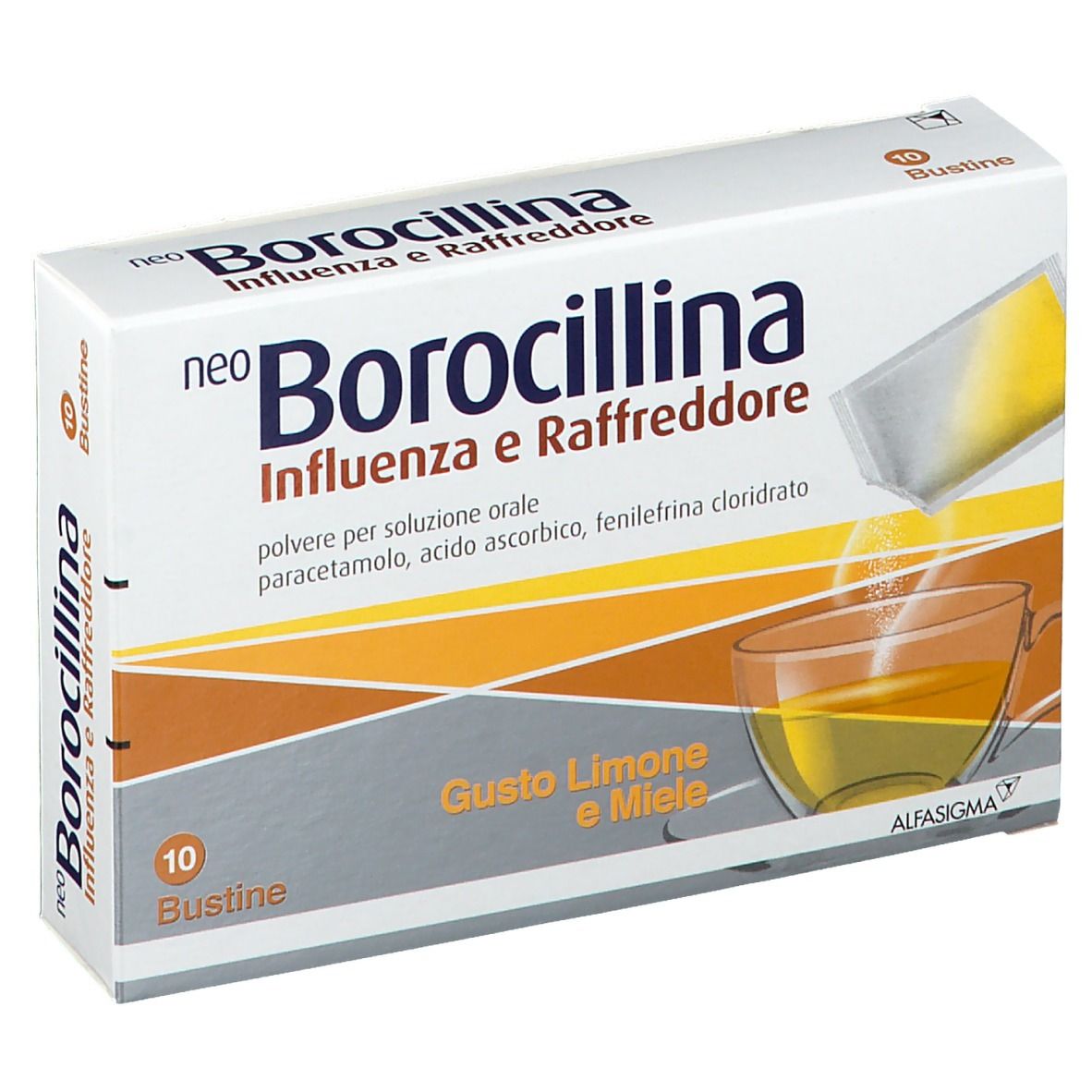 Confezione di NeoBorocillina Influenza e Raffreddore, 10 bustine. Scritta: 'Gusto Limone e Miele'. Immagine di una tazza di tè.