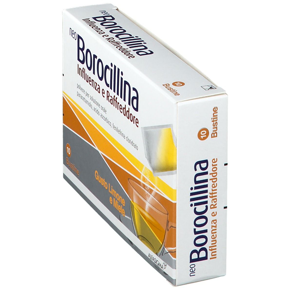 Vista obliqua della confezione NeoBorocillina Influenza e Raffreddore, 10 bustine. Scritta: 'Gusto Limone e Miele'.