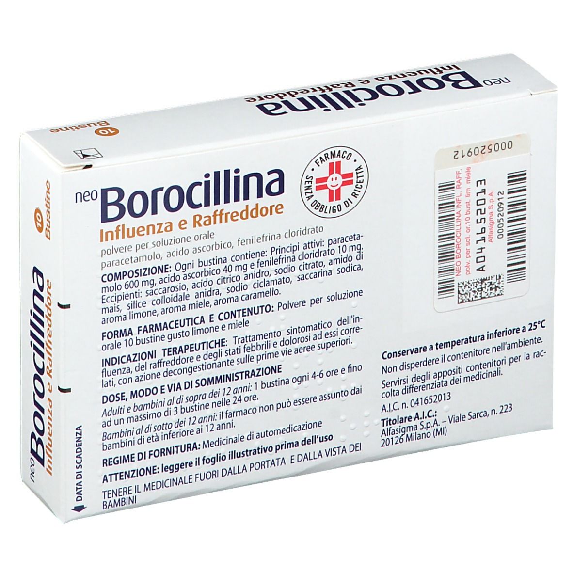 Confezione NeoBorocillina Influenza e Raffreddore, 10 bustine. Retro con testo e sigillo. Scritta: 'Gusto Limone e Miele'.