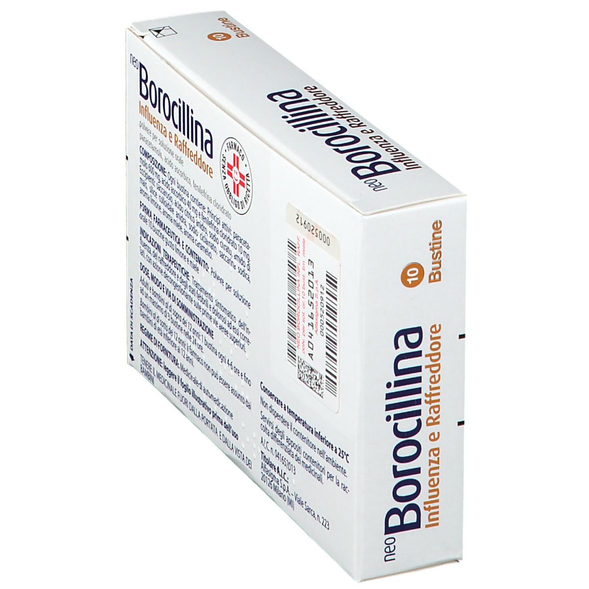 Vista obliqua della confezione NeoBorocillina Influenza e Raffreddore, 10 bustine. Retro con testo e sigillo.